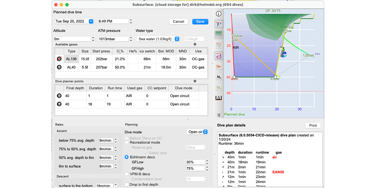  screenshot of a dive plan